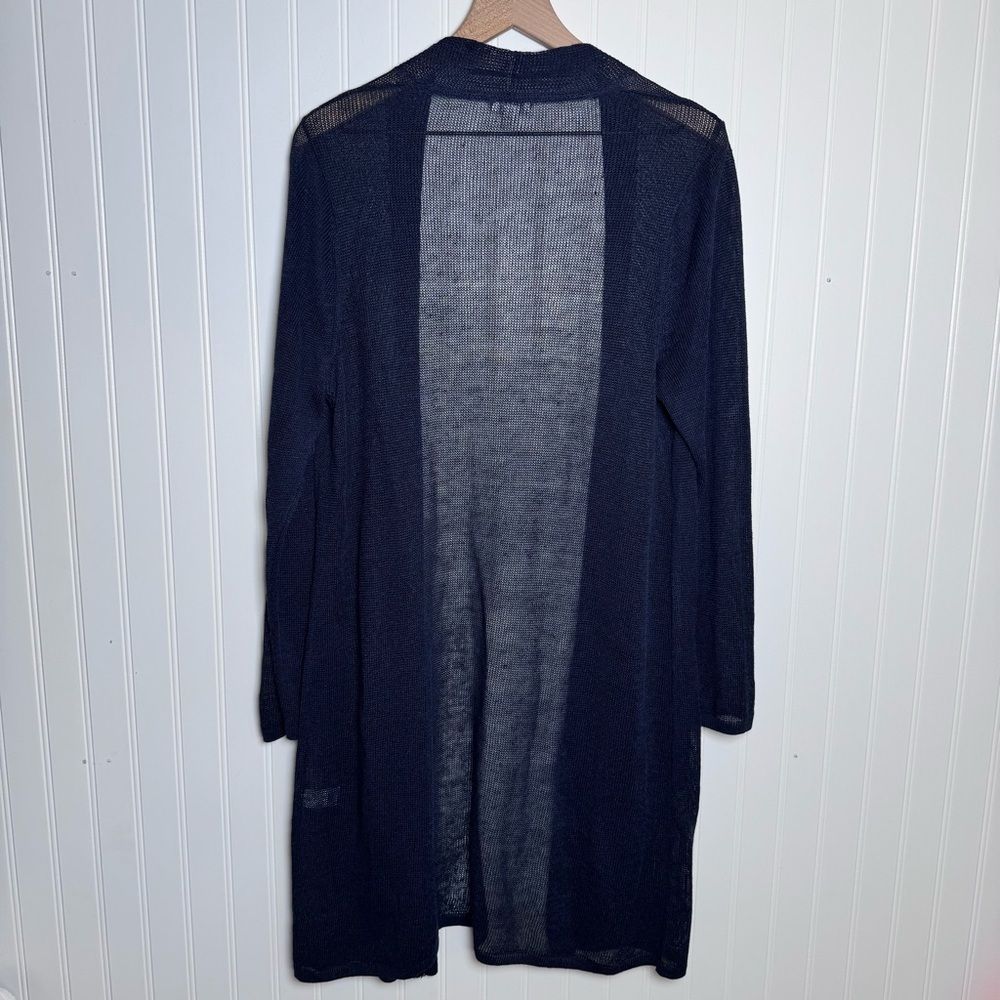 J. Jill Linen Blend Open Front Long Cardigan Navy Blue Pockets Womens Size Large - Picture 5 of 12